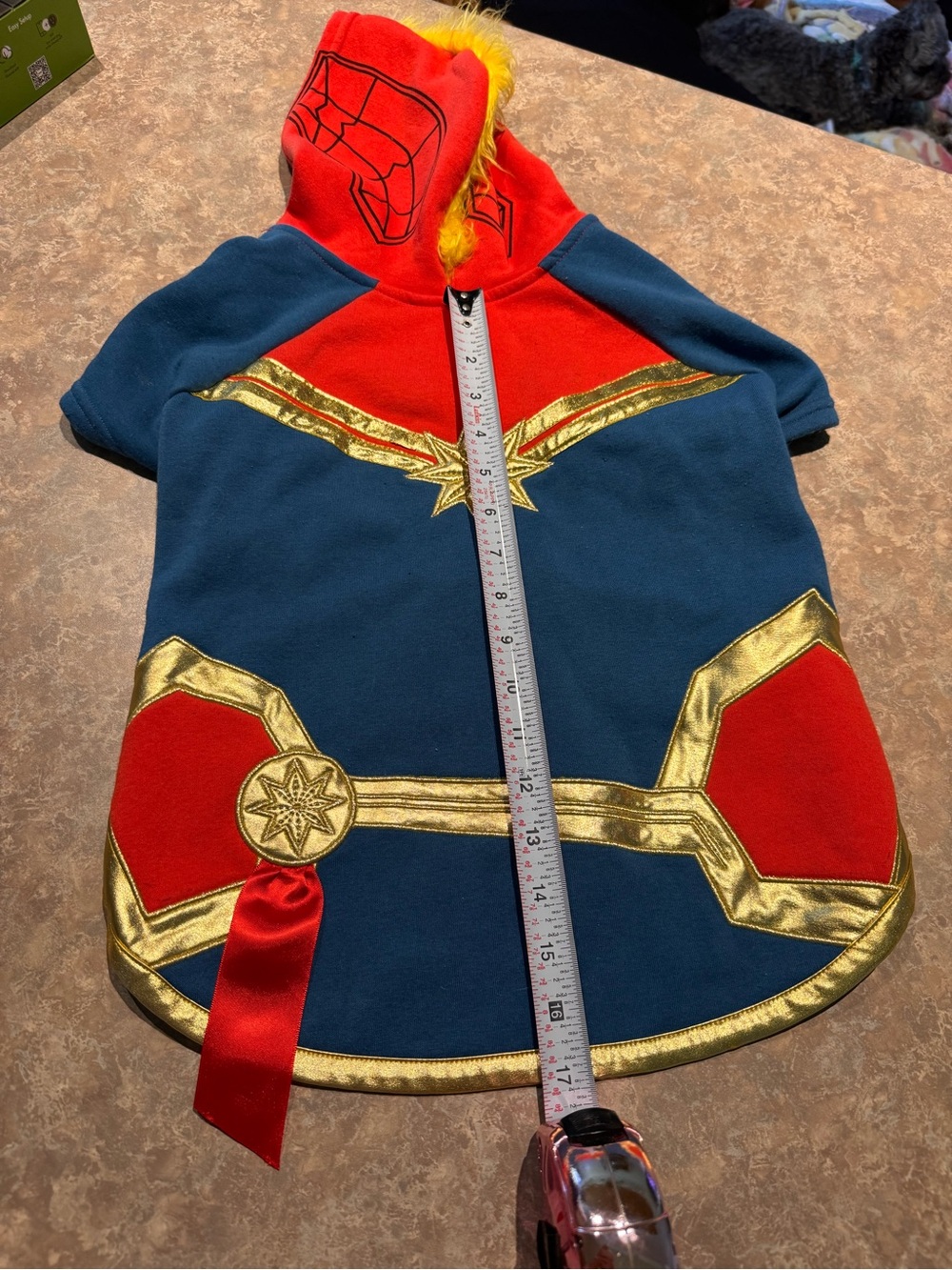Captain MARVEL Blue & Red Superhero Dog Costume Hoodie with Gold Trim - Picture 4 of 8
